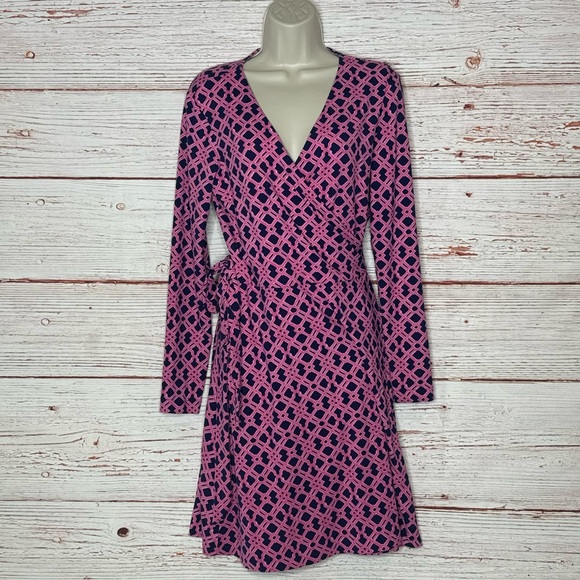 Vineyard Vines Long Sleeve Lattice Knit Print Wrap Dress in Deep Bay Sz S - Picture 3 of 11